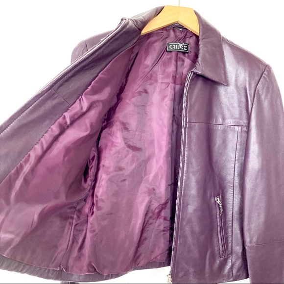 Vintage y2k purple leather jacket plum short cropped minimalist chic fitted - Picture 7 of 15
